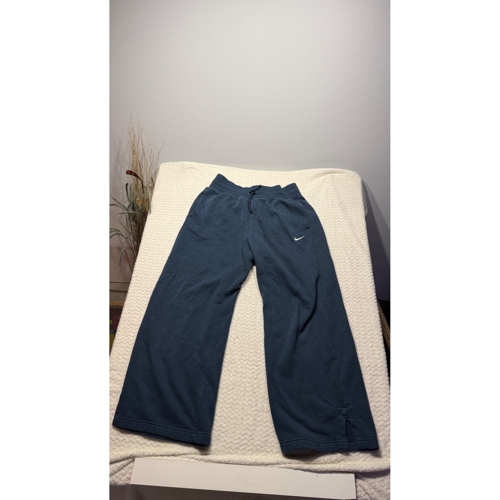 Nike Womens Wide Leg Sweatpants Navy Blue Fleece Lined Swoosh Logo Large